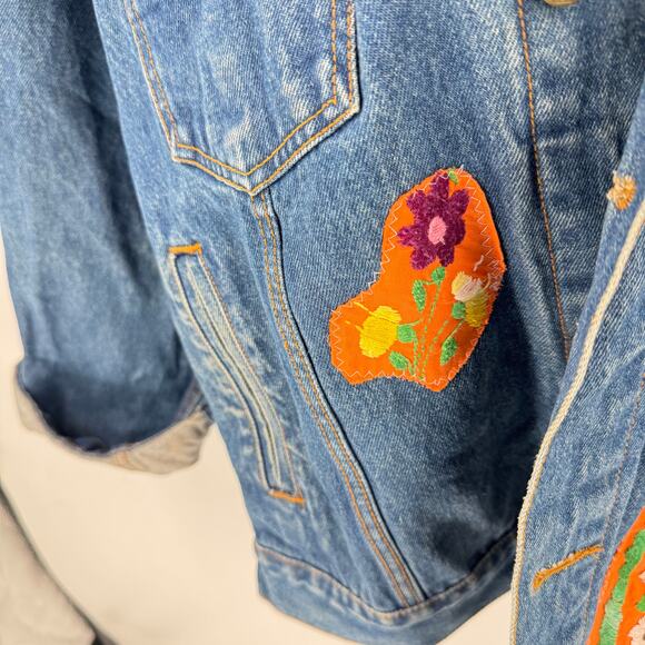 Vintage Marlboro Country Store Denim Jacket L Leather Collar Upcycled Embroidery - Picture 5 of 13